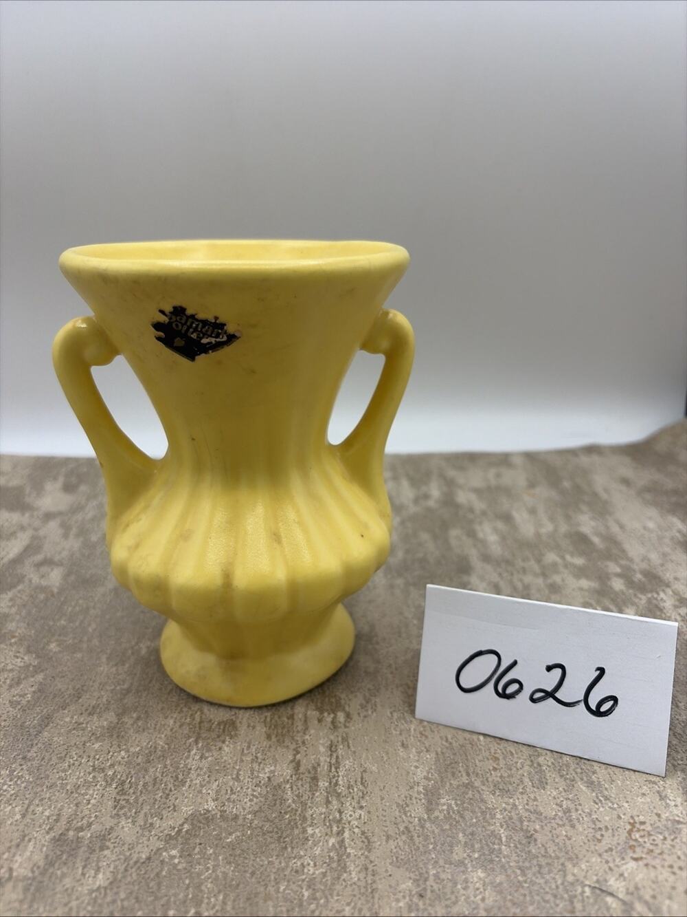 Camark Pottery yellow Double-Handle Trophy Vase- 1930's/40's Art Deco 5.25”